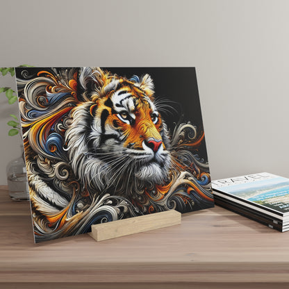 Colorful tiger portrait with swirled orange, black and white fur on a wooden stand on a desk.