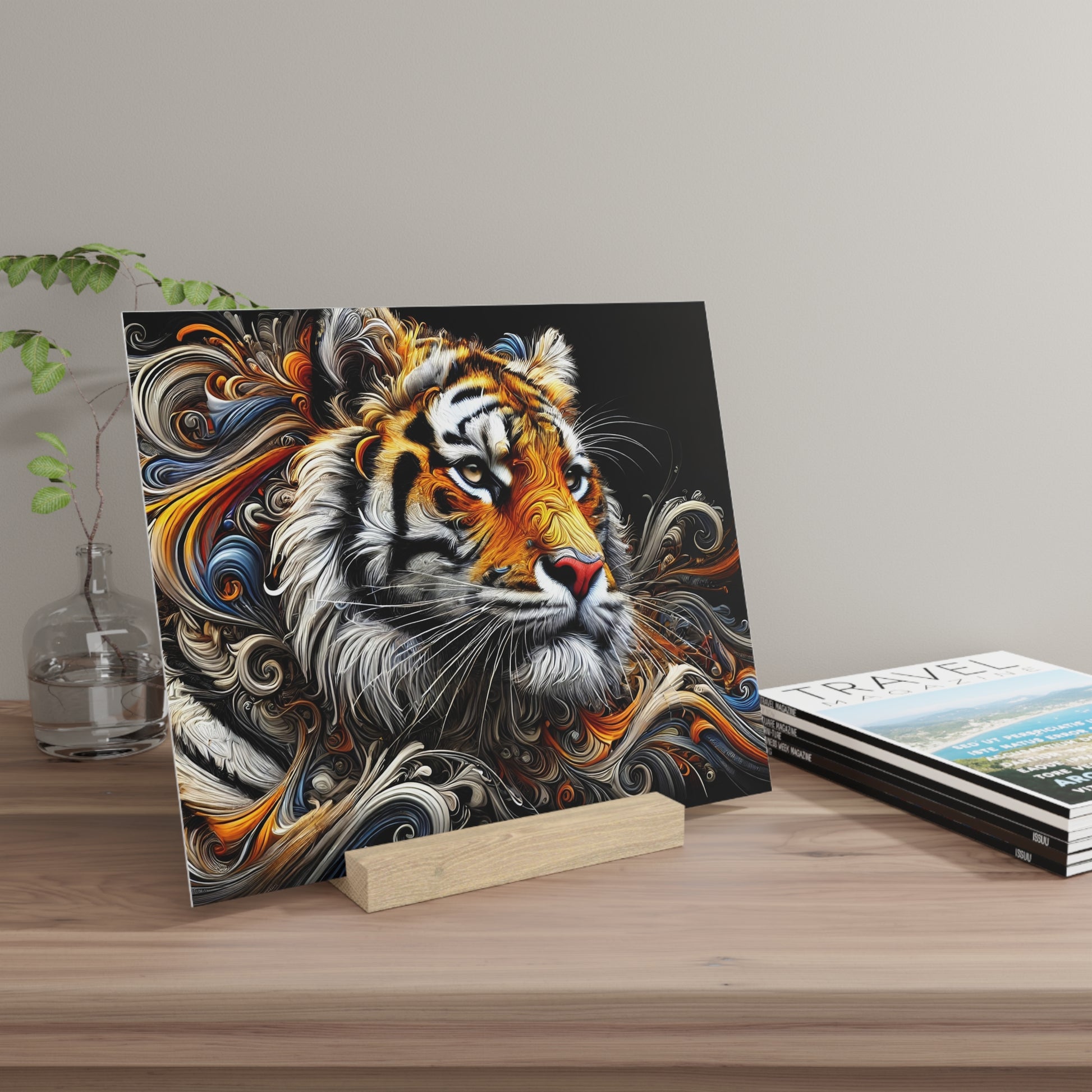 Colorful tiger portrait print with swirling orange, black, and white patterns mounted on a small wooden block on a desk.