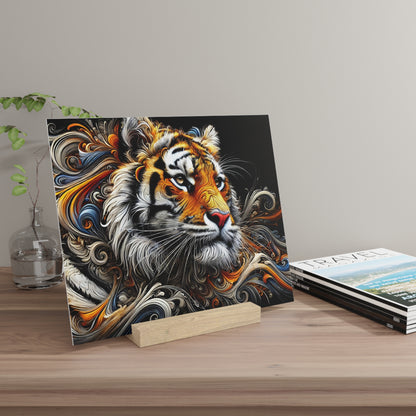 Colorful tiger portrait print with swirling orange, black, and white patterns mounted on a small wooden block on a desk.
