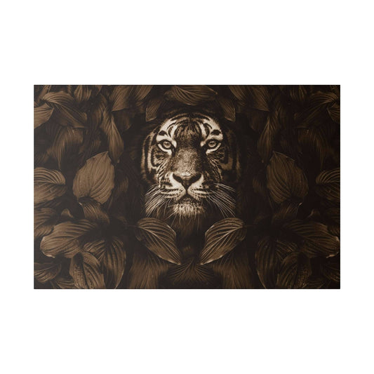 Sepia-toned canvas depicting a tiger's head peering through dark brown leaves.