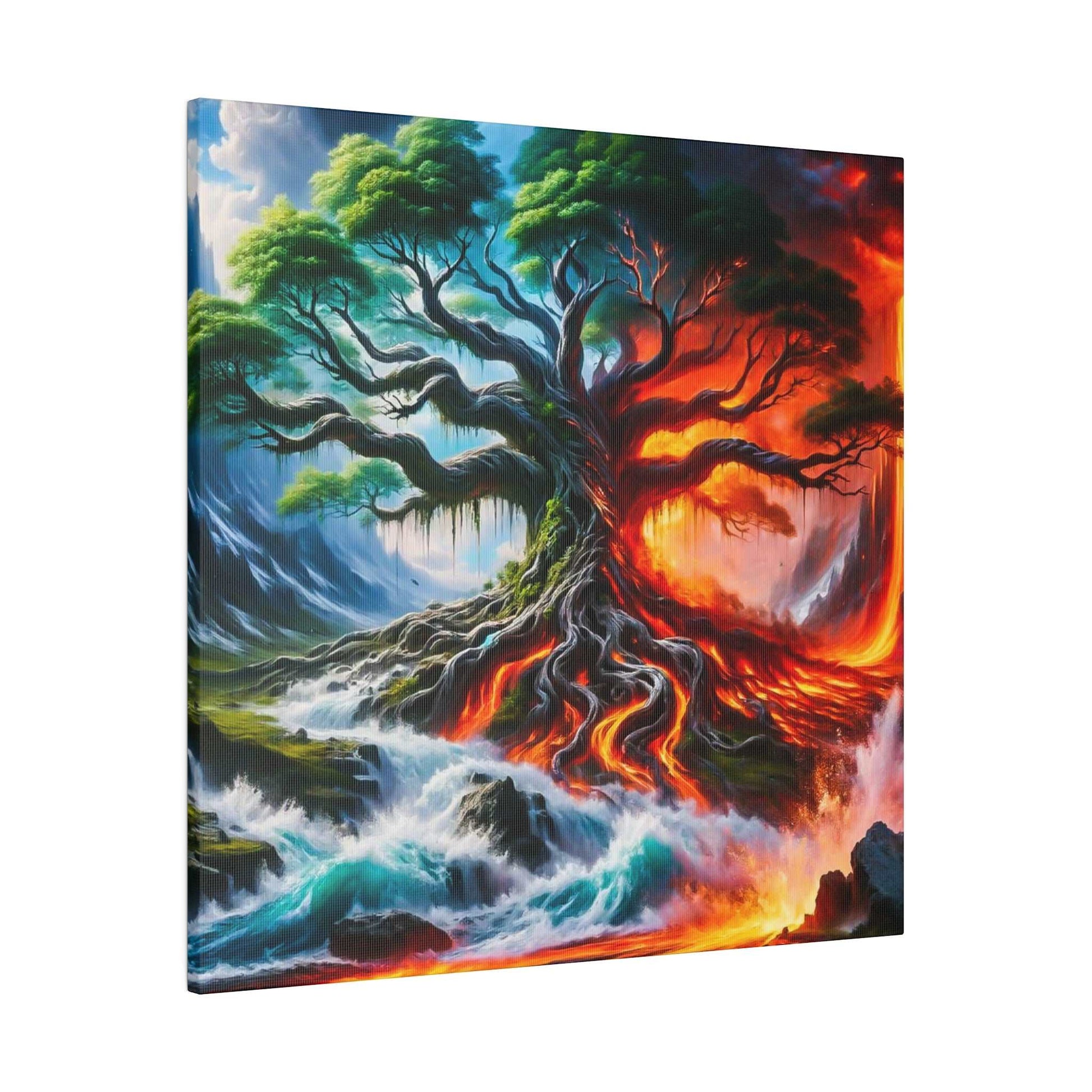 Colorful fantasy canvas of a large, gnarled tree with exposed roots, blue-green water on the left and fiery lava on the right.