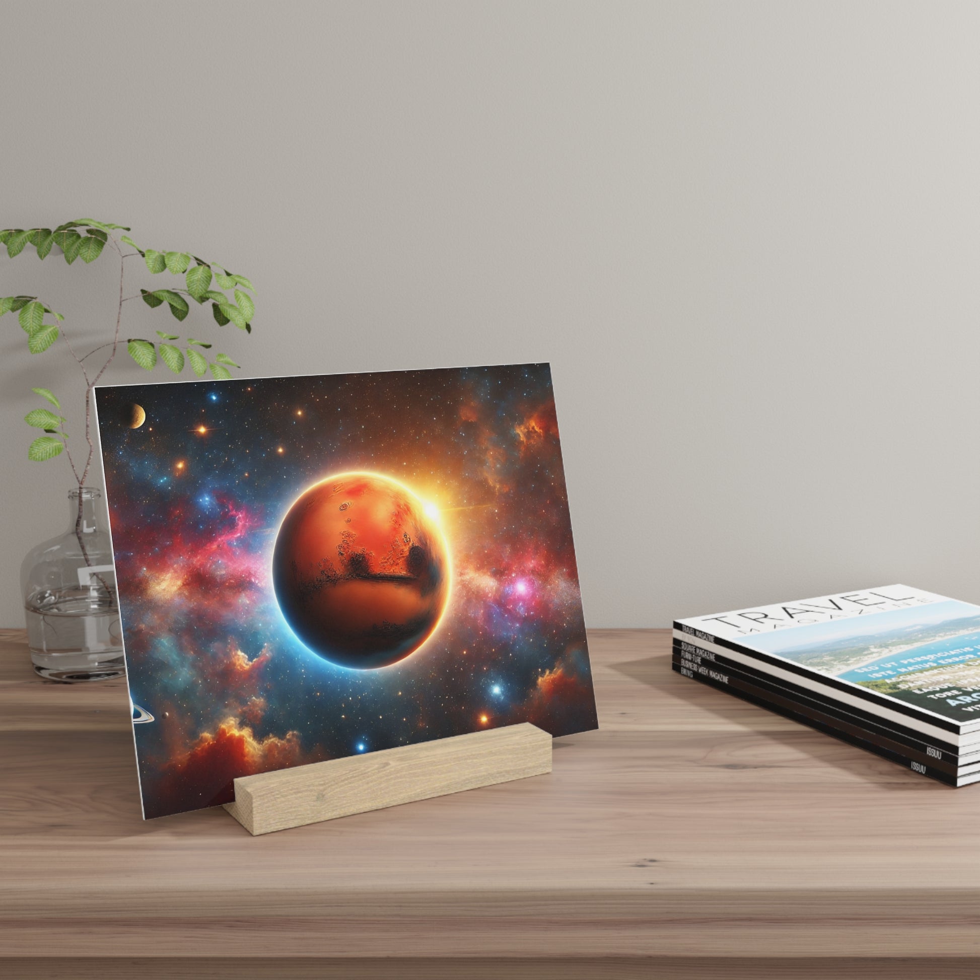 Space poster showing an orange planet surrounded by colorful nebula, propped on a wooden block on a desk.