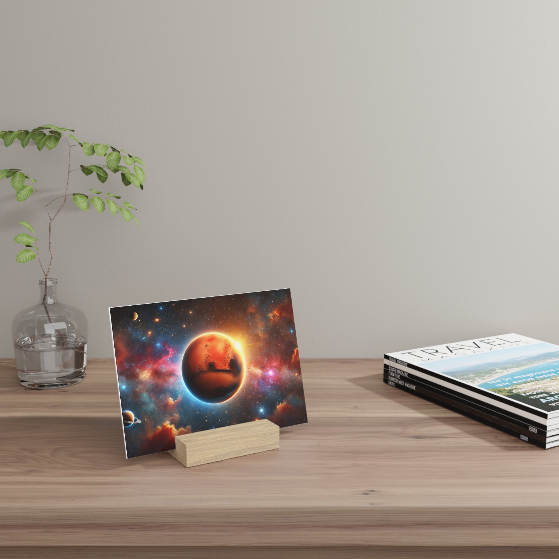 Space-themed postcard showing an orange planet against a colorful nebula, resting on a wooden block beside a glass vase and travel