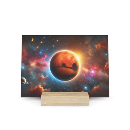 Poster print of a cosmic scene featuring a large orange planet with a glowing edge against a colorful nebula-filled space background.