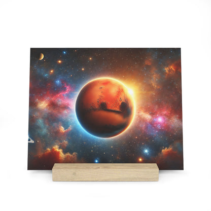 Space art print of an orange-brown planet with glowing edge against a colorful nebula background.