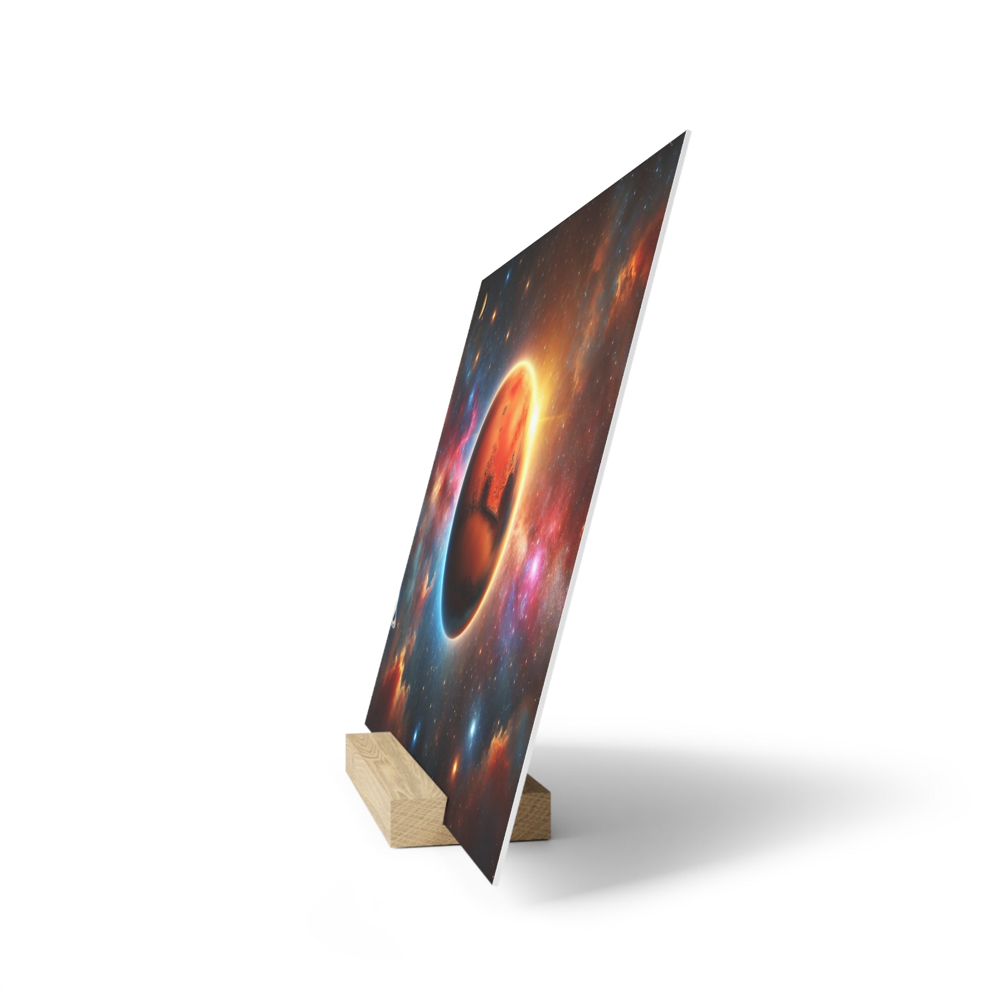 Large space-themed poster on a wooden two-block stand, angled, depicting a glowing orange planet surrounded by a colorful nebula.