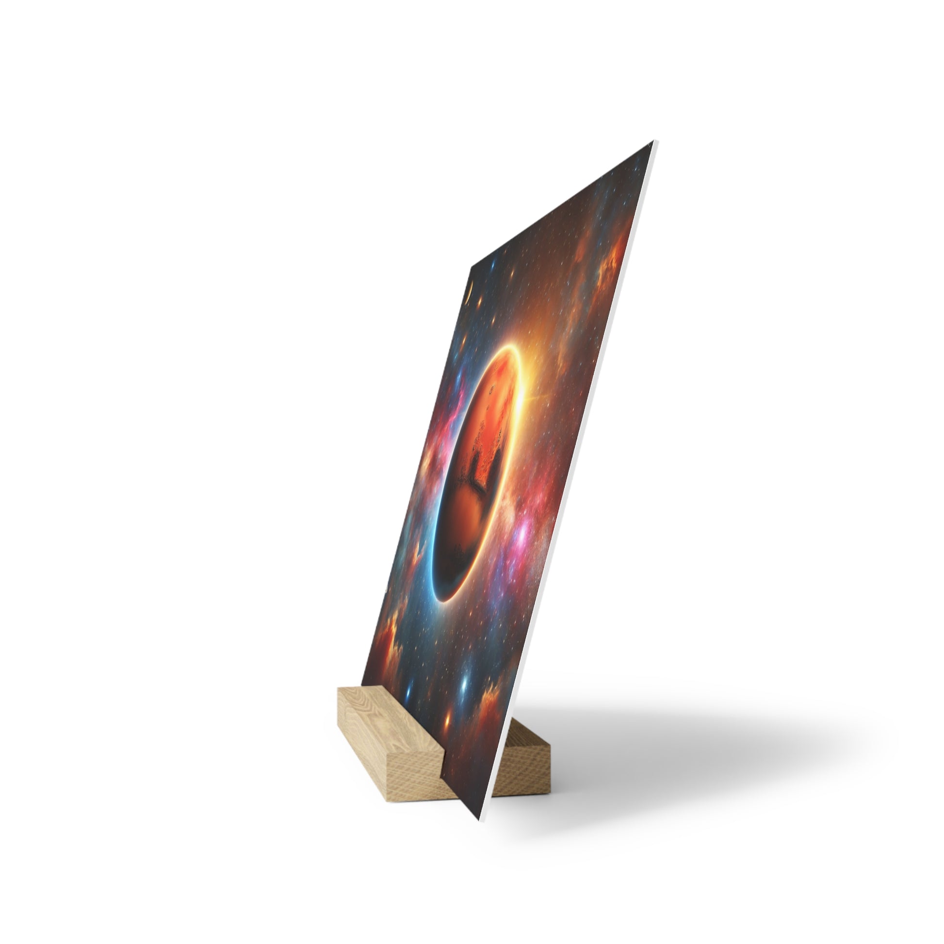 Vertical poster on a light wooden easel displaying a colorful space scene with a glowing ring around a planet.