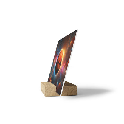 Vertical poster on a light wooden block stand, angled, displaying a colorful space scene with a glowing circular planet.