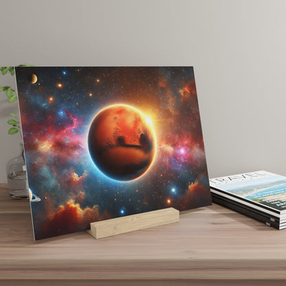 Square space poster of an orange planet glowing against a colorful nebula, propped on a wooden stand on a desk.