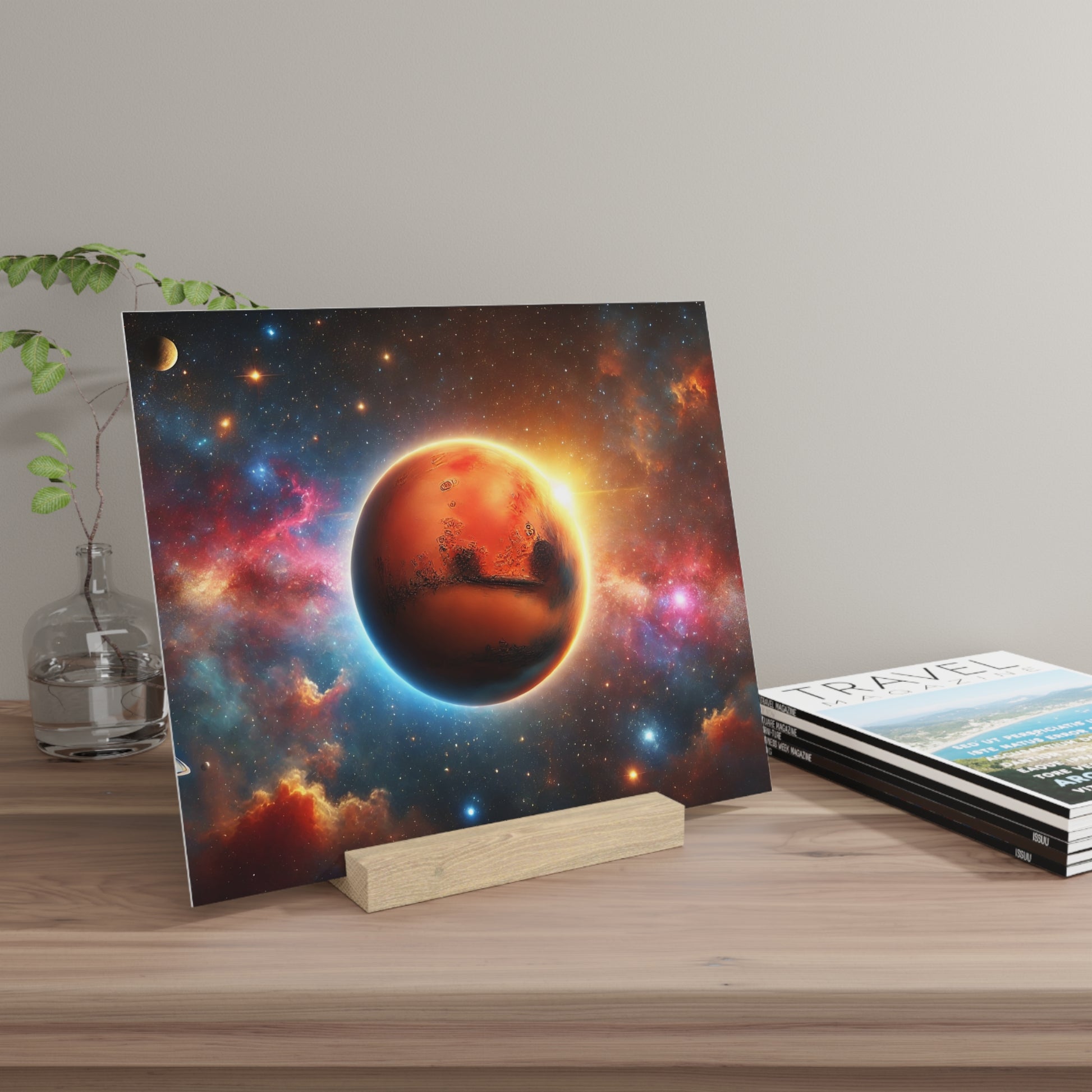 Colorful space poster of a glowing orange planet with a blue halo, propped on a wooden stand on a table beside a glass vase and magazines.