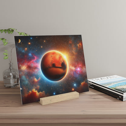 Colorful space poster of a glowing orange planet with a blue halo, propped on a wooden stand on a table beside a glass vase and magazines.