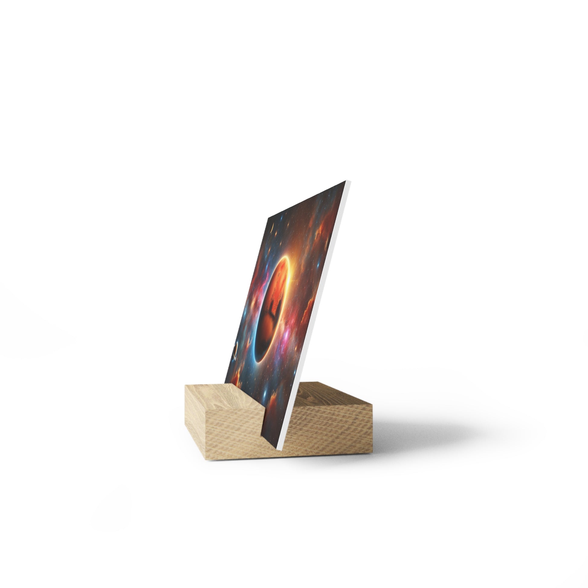 A glossy space-themed poster on a light wood stand, angled upright with a circular glowing planet image.