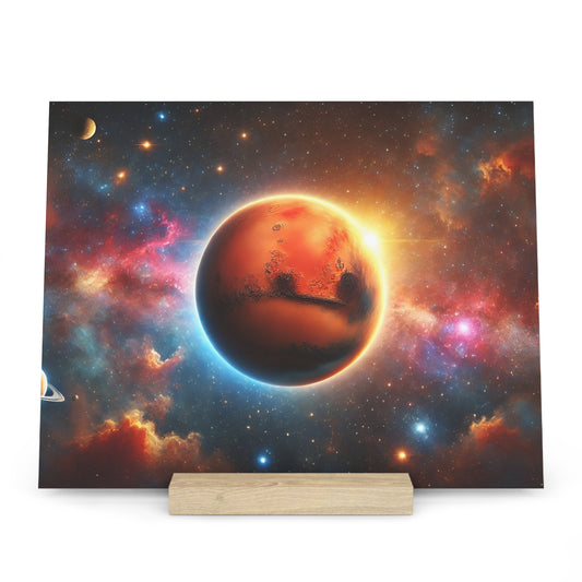 Colorful space art print featuring a large red-orange planet with a bright glow and a colorful nebula background.