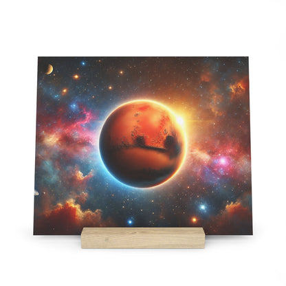 Square space art print showing a fiery orange planet with a bright glow amid a colorful nebula, mounted on a light wooden stand.