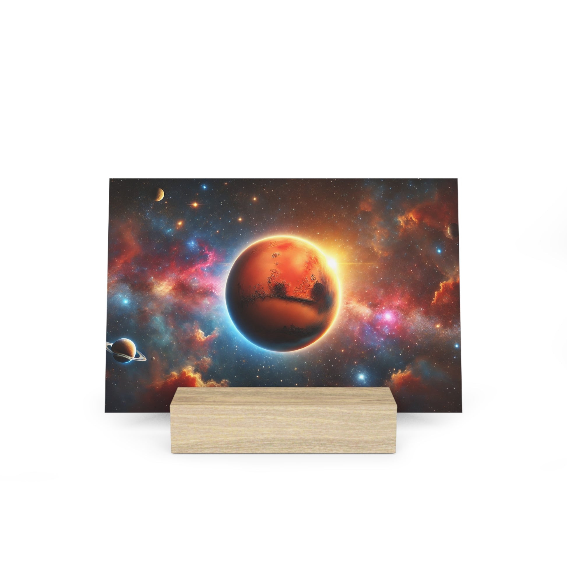 Space-themed poster showing a glowing orange planet against a colorful nebula, mounted on a light wood display block.