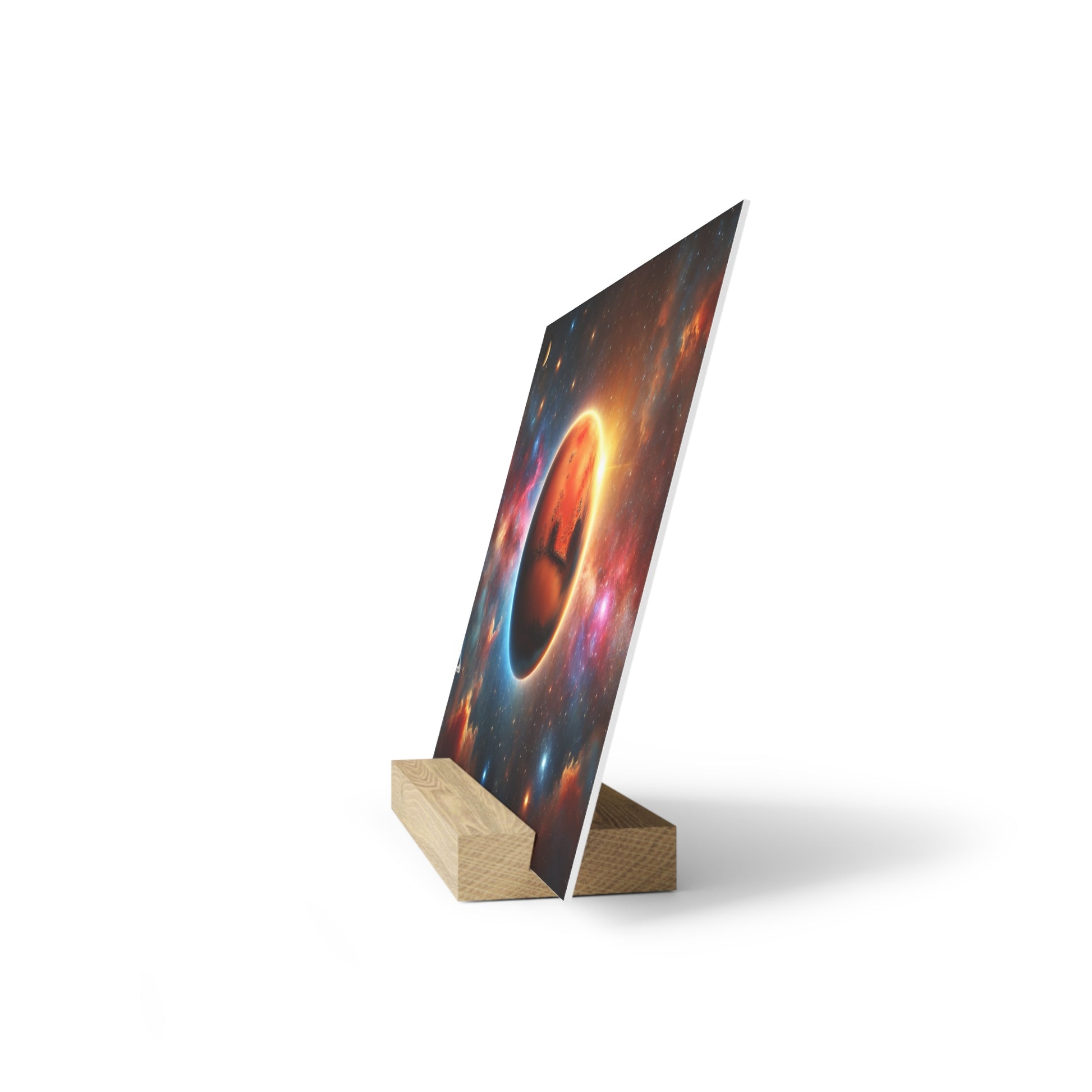 Poster on a wooden stand features a colorful space nebula with a glowing circular portal.