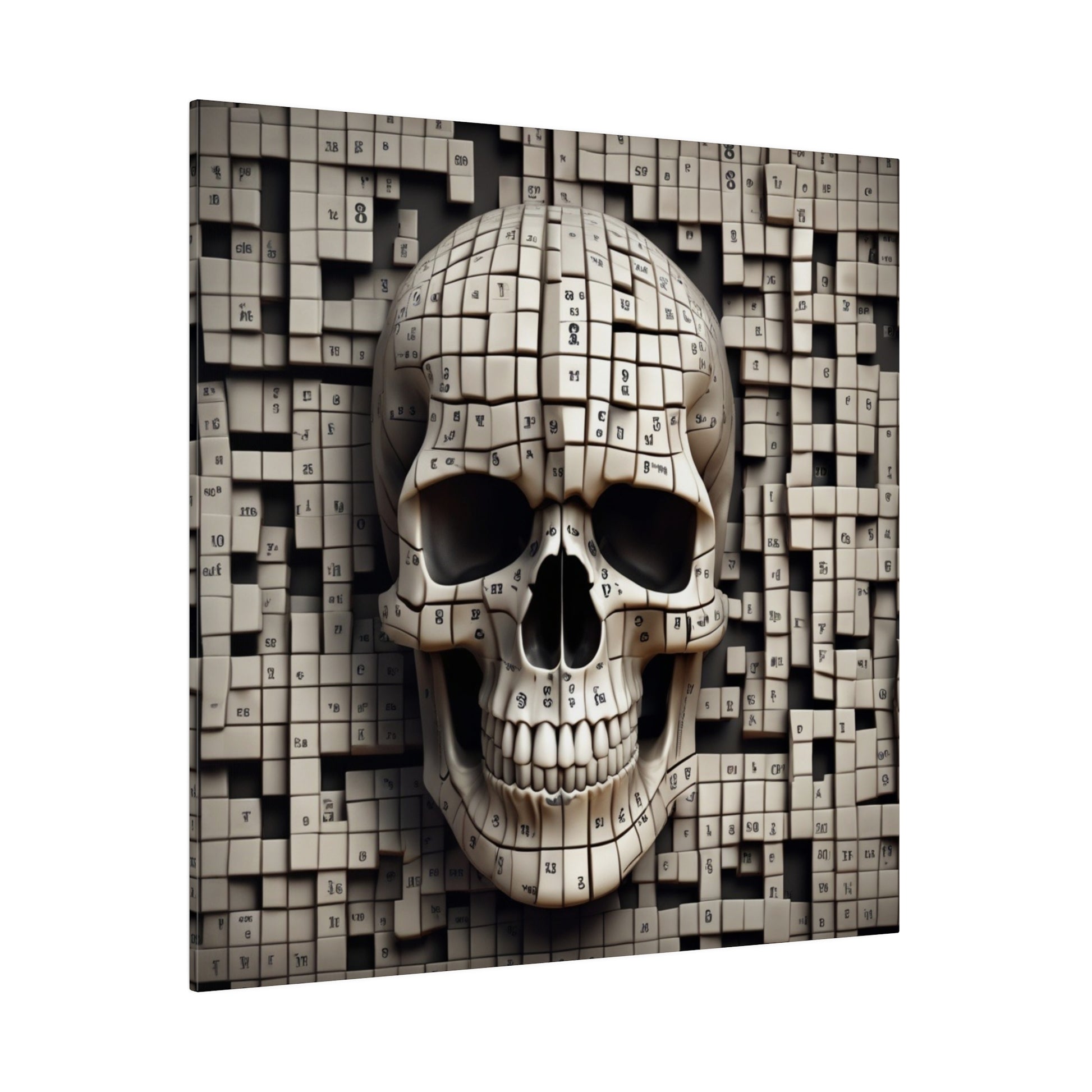 Beige skull sculpture made from small numbered cubic tiles, set against a matching beige tiled mosaic background.