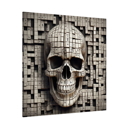 Beige skull sculpture made from small numbered cubic tiles, set against a matching beige tiled mosaic background.