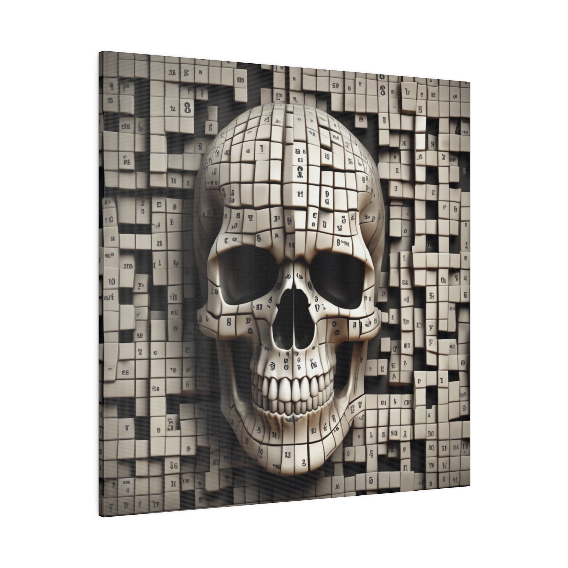 Beige skull sculpture made of numbered cube tiles against a matching tiled backdrop.