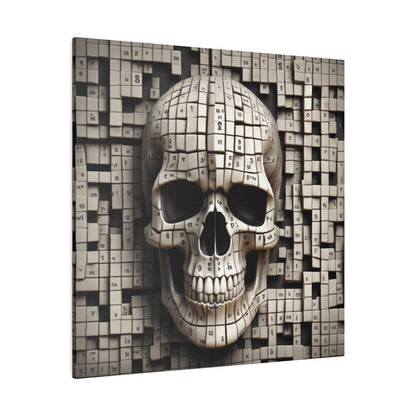 Beige skull sculpture made of numbered cube tiles against a matching tiled backdrop.