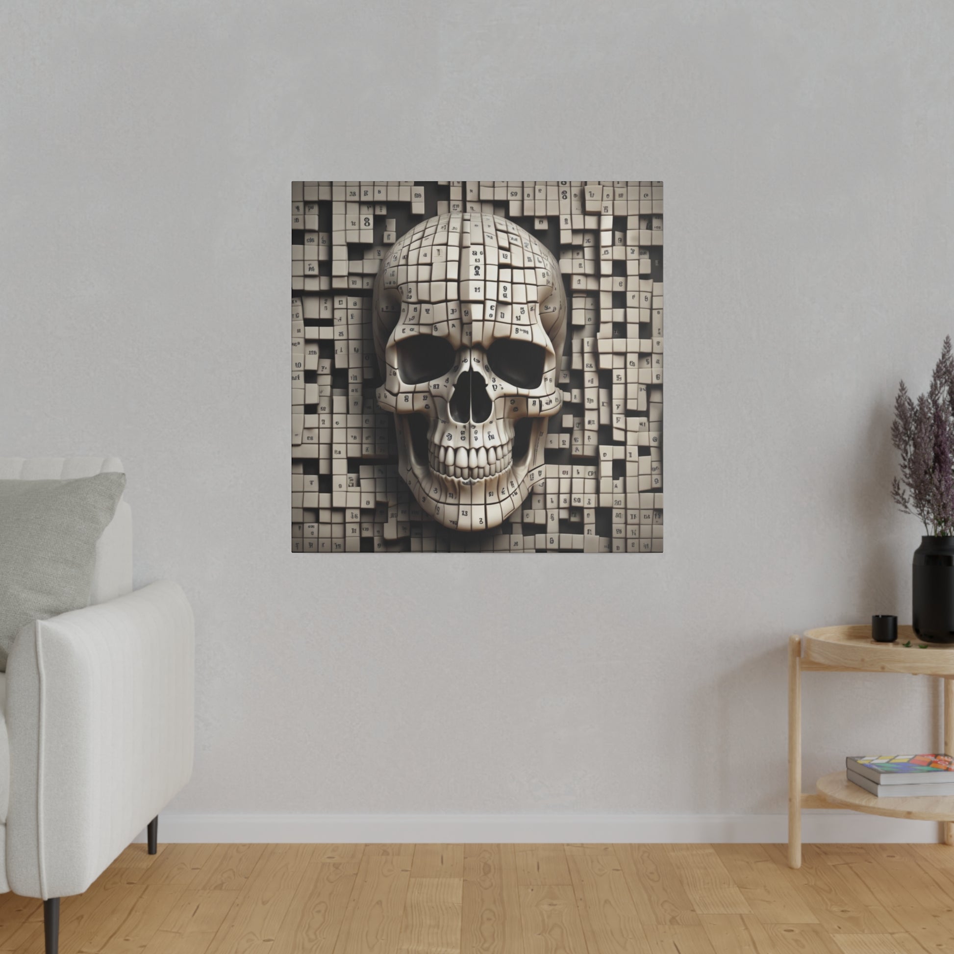 Square wall art featuring a beige skull made of small square tiles against a grid-like background.