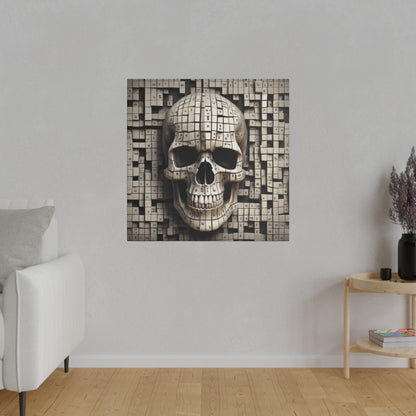 Square wall art featuring a beige skull made of small square tiles against a grid-like background.