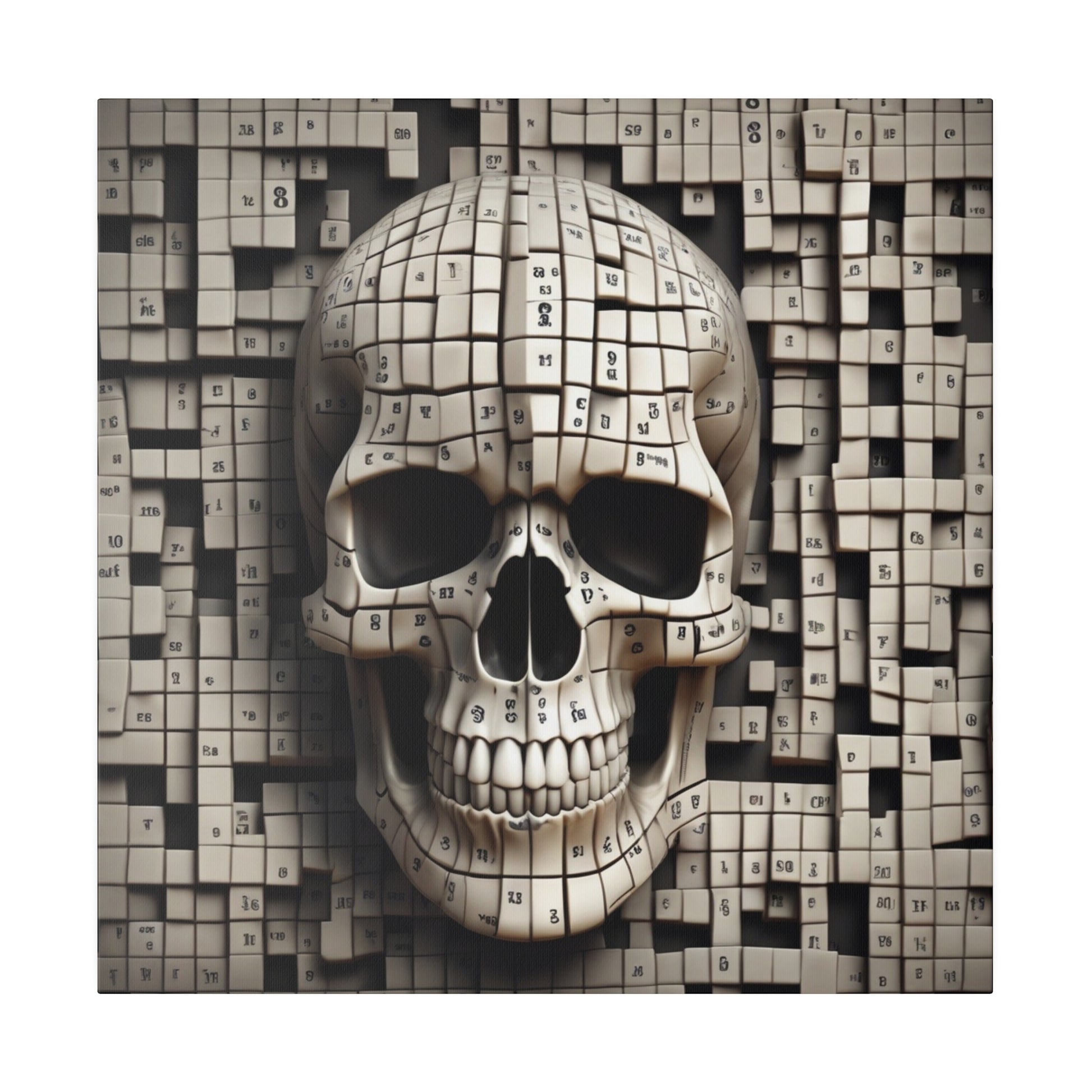 Beige skull sculpture made from small numbered blocks arranged in a mosaic against a tile-patterned cube background.