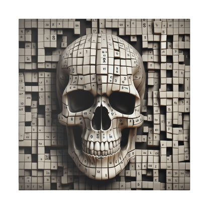Beige skull sculpture made from small numbered blocks arranged in a mosaic against a tile-patterned cube background.