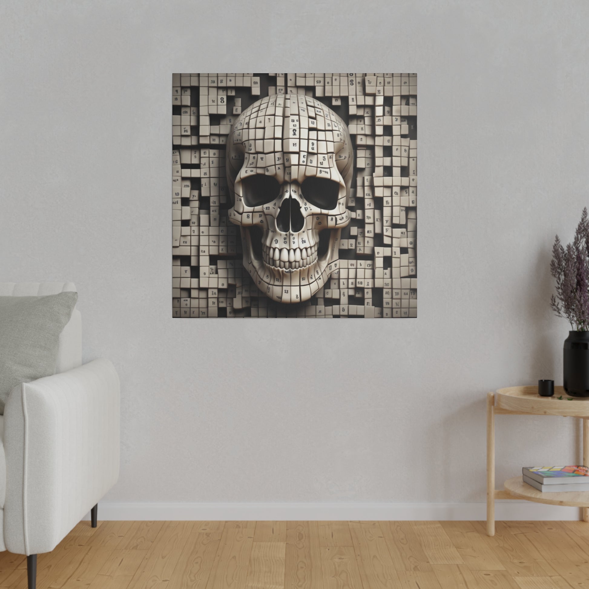 Square wall art featuring a beige skull composed of small cubical tiles on a checkerboard background.