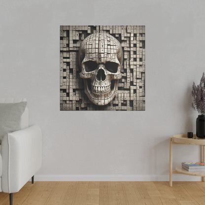 Square wall art featuring a beige skull composed of small cubical tiles on a checkerboard background.