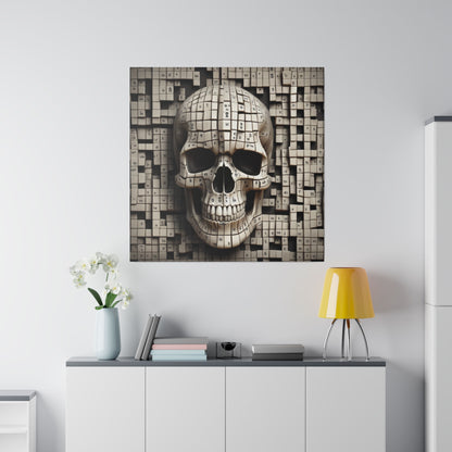 Square wall art depicting a realistic beige skull formed from small cubical tiles against a patterned tile background.