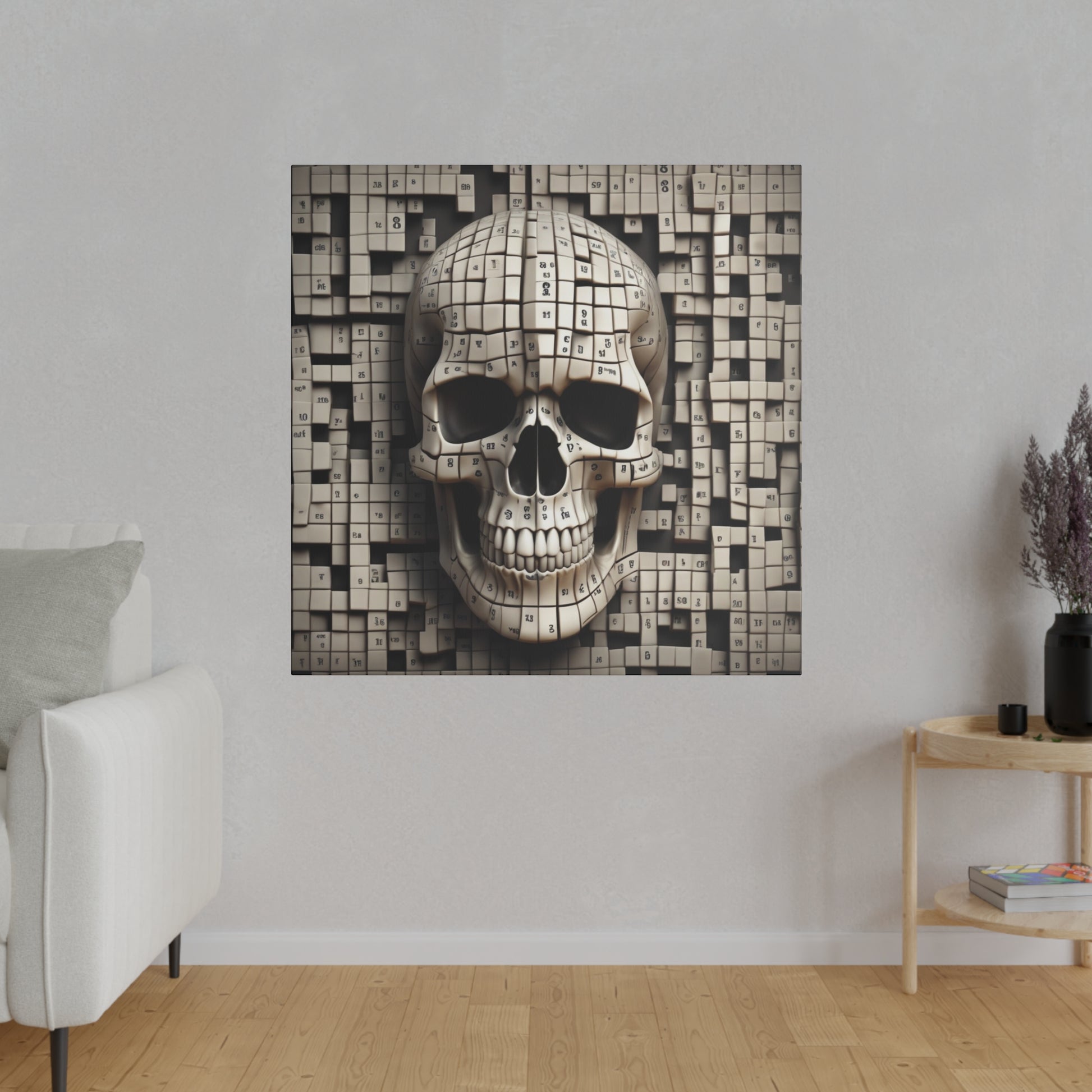 Square canvas wall art showing a beige skull made of small numbered cubes against a background of stacked blocks.
