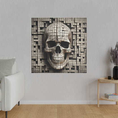 Square canvas wall art showing a beige skull made of small numbered cubes against a background of stacked blocks.