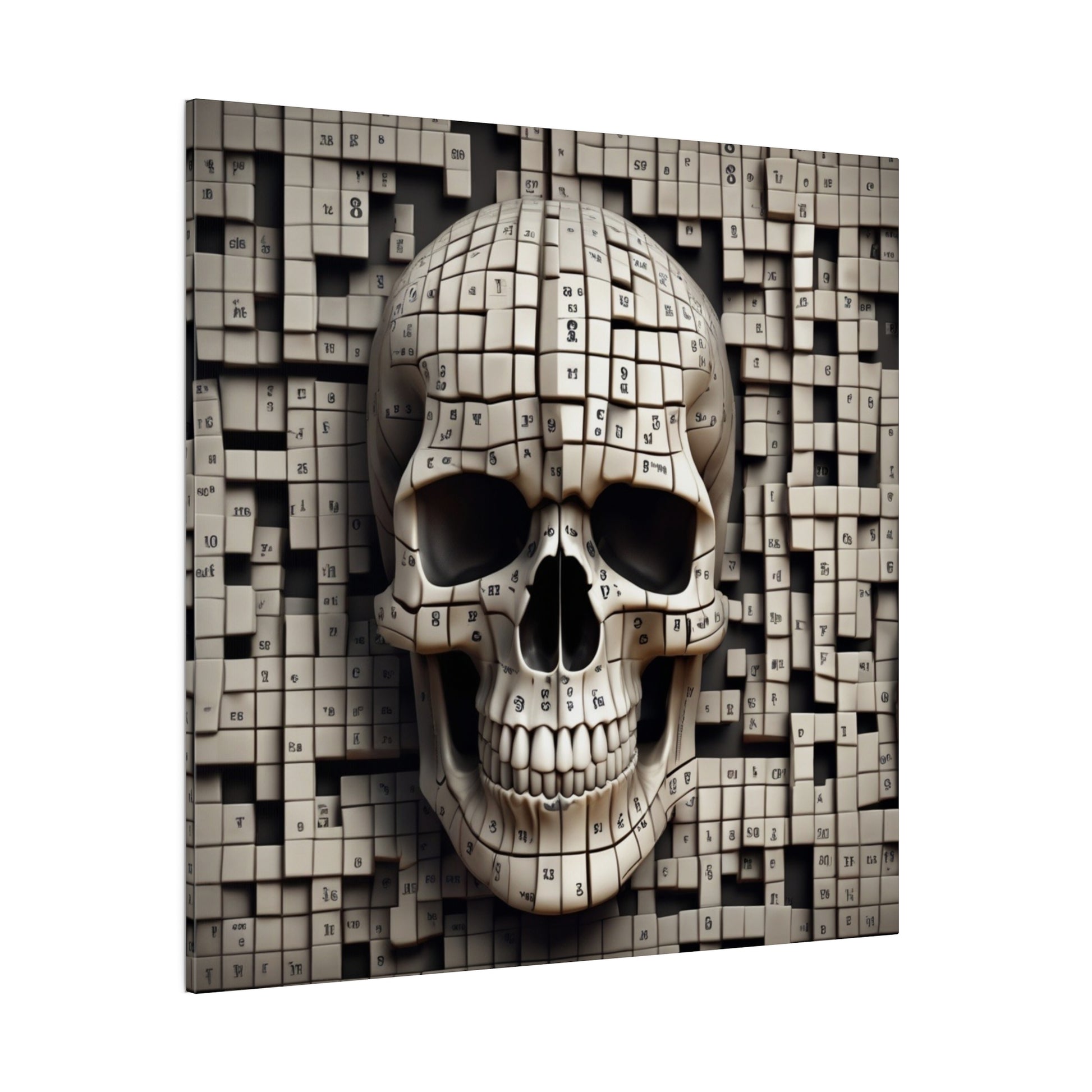 Beige skull sculpture made of small numbered cubes, set against a textured grid of matching cubes.