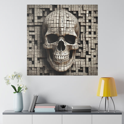 Framed grayscale wall art showing a human skull composed of numbered tiles against a mosaic background.