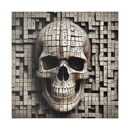 Beige skull formed from small numbered cubes, set against a matching grid of cube tiles.