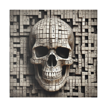Beige skull sculpture made of small numbered cubes arranged in a mosaic cube background.