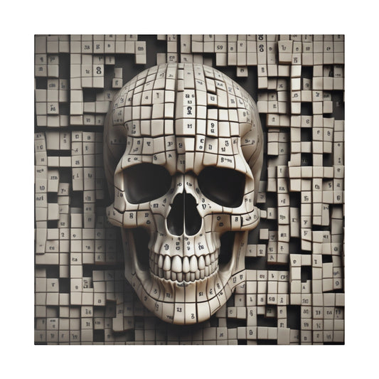 Beige skull sculpture made of small numbered cubes arranged in a mosaic cube background.