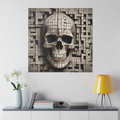 Wall art featuring a beige skull composed of small numbered cubes, mounted against a grid-like background.
