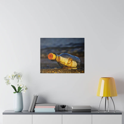 A glass bottle with a cork lies on wet sand by the shoreline, its yellowish glow catching the sunlight.