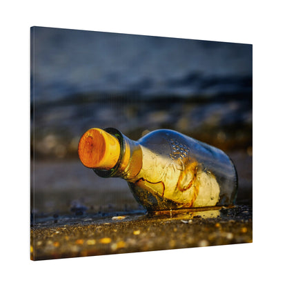A translucent glass bottle with an orange cap lies on wet sand near the shoreline.