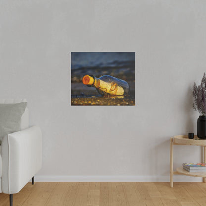 A square wall art print showing an empty glass bottle with an orange cap lying on wet sandy beach.
