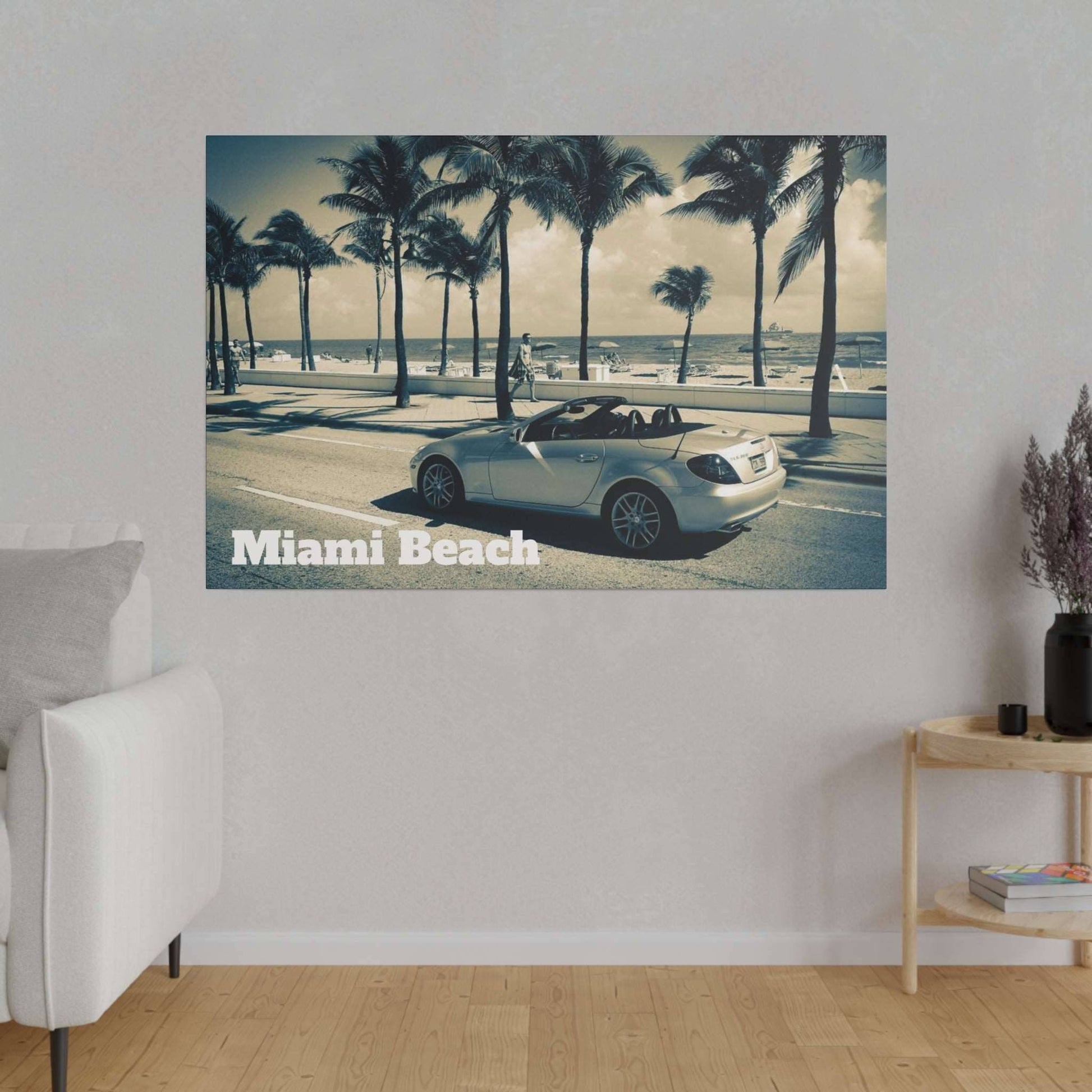 Canvas print of a white convertible on a palm-lined Miami Beach street.