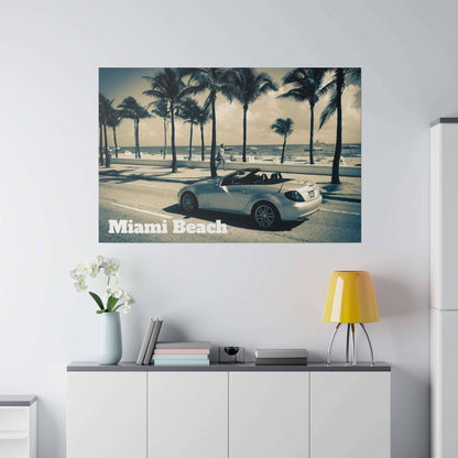 Canvas art depicting a white convertible on a palm-lined Miami Beach street.