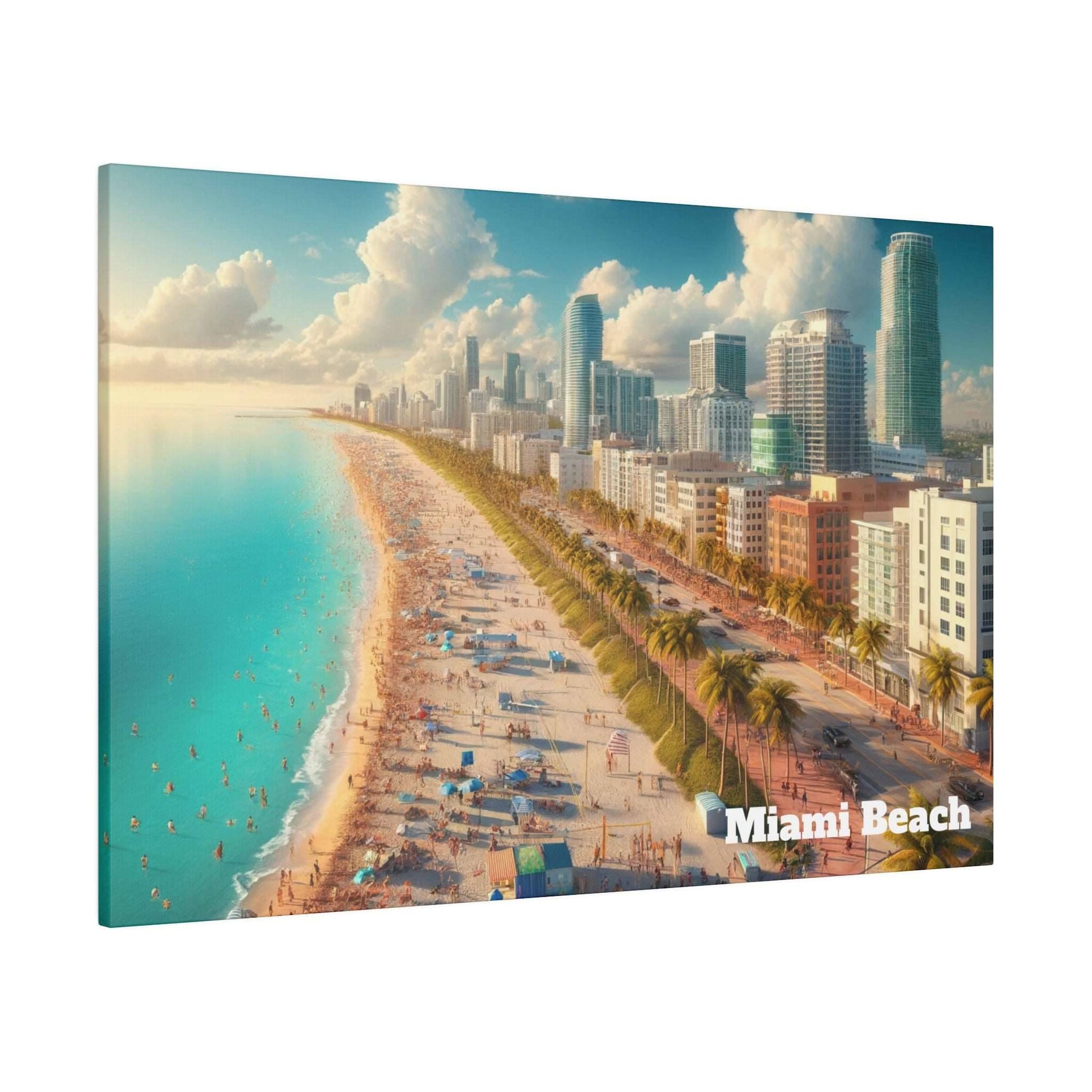 Aerial view of Miami Beach coastline with turquoise water, sandy beach, and high-rise skyline along palm-lined street.