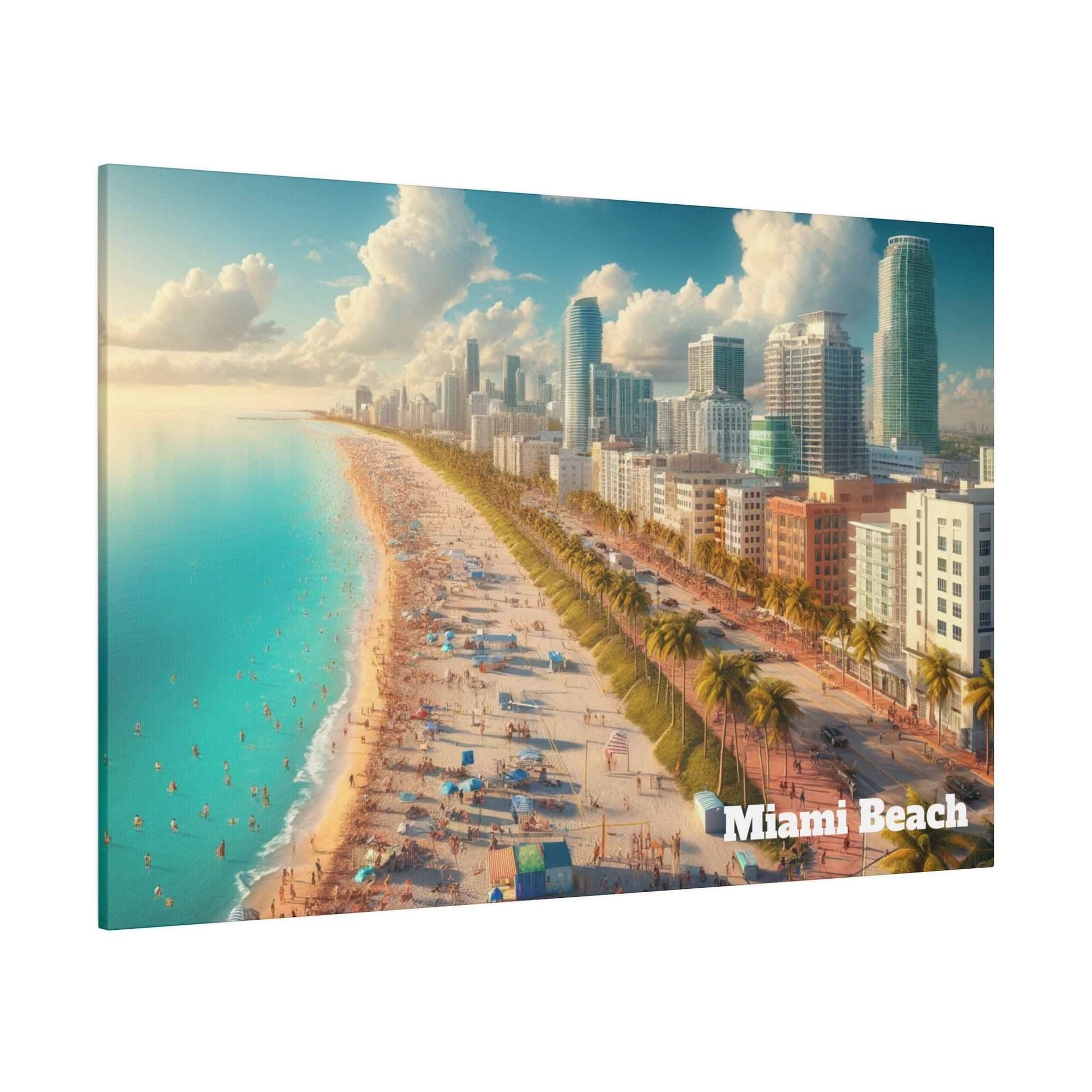 Aerial view of Miami Beach with a palm-lined shoreline, turquoise water, and a skyline of high-rise buildings; "Miami Beach" text bottom