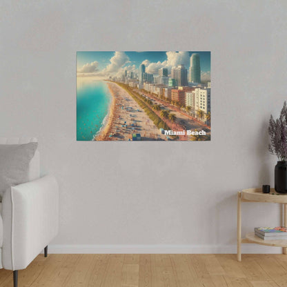Canvas print of Miami Beach: turquoise water, palm-lined sandy beach, and a city skyline of high-rise buildings with "Miami Beach" in the