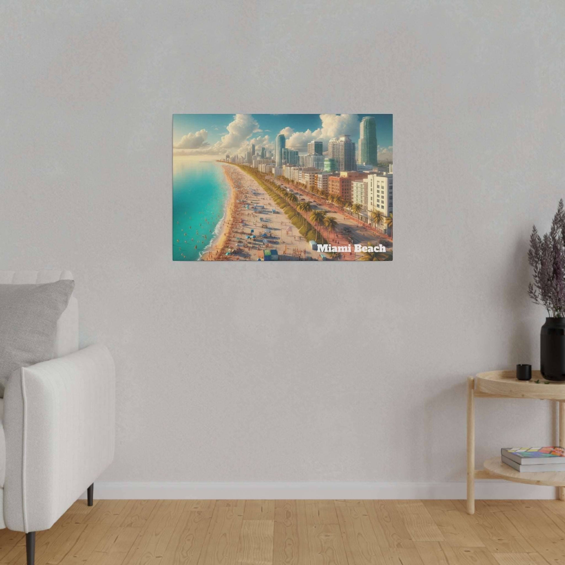 Canvas wall art depicting Miami Beach: a skyline with tall buildings along a sandy beach and turquoise sea.