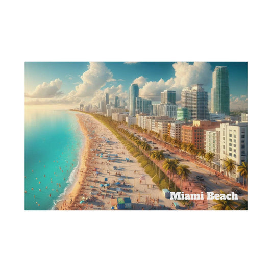 Aerial view of a crowded Miami Beach shoreline with turquoise water, palm trees, and a skyline of tall buildings.
