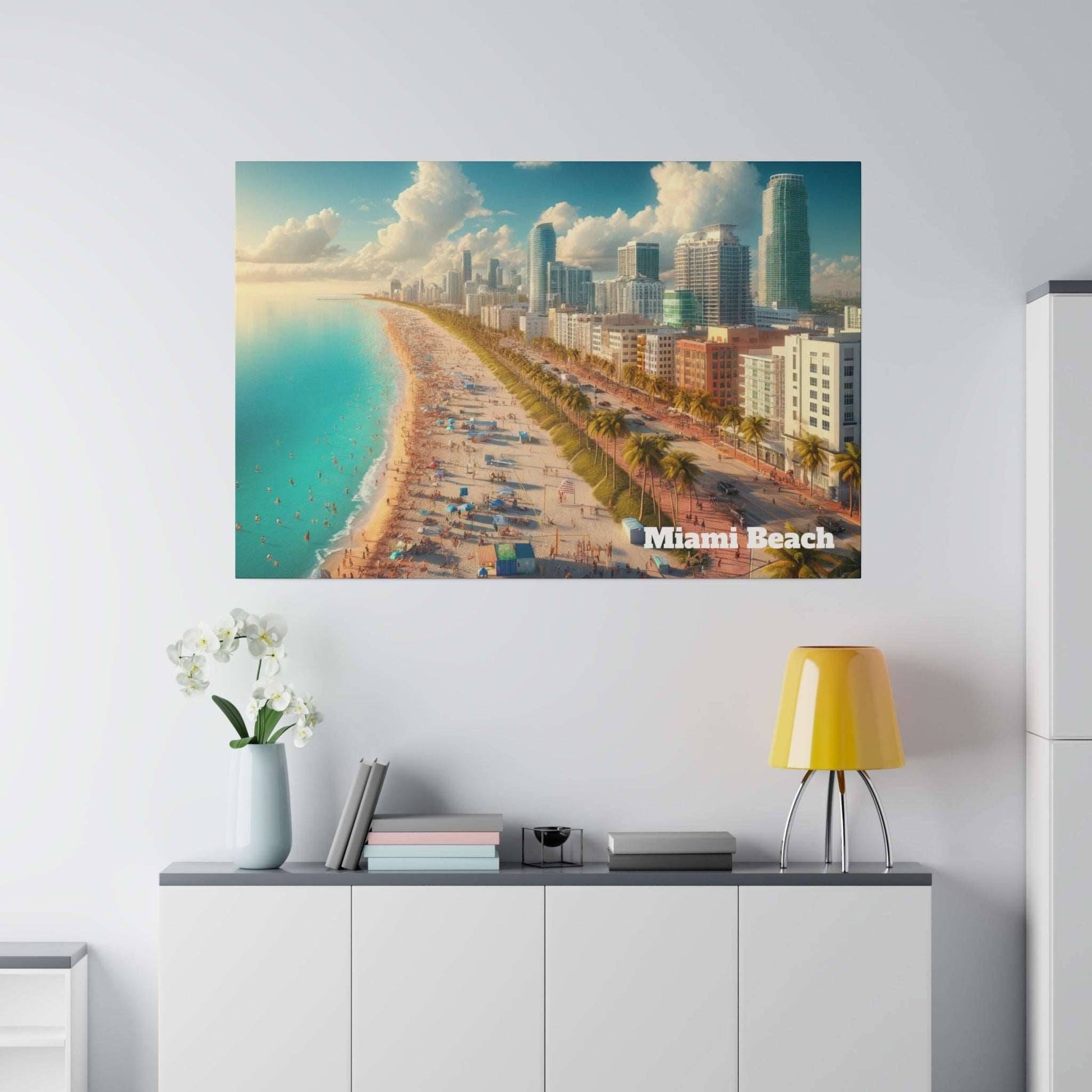 Aerial view of Miami Beach skyline with a long sandy beach, palm trees, and turquoise water on a canvas art print.
